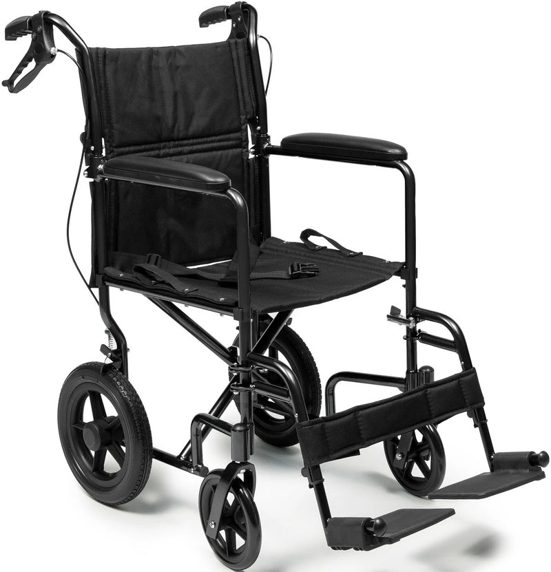 A black manual wheelchair with a padded fabric seat and backrest, black armrests, and large rear wheels, shown on a clean white background.