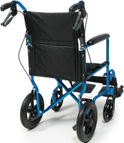 A blue and black portable wheelchair shown from a three-quarter rear angle on a white studio background.