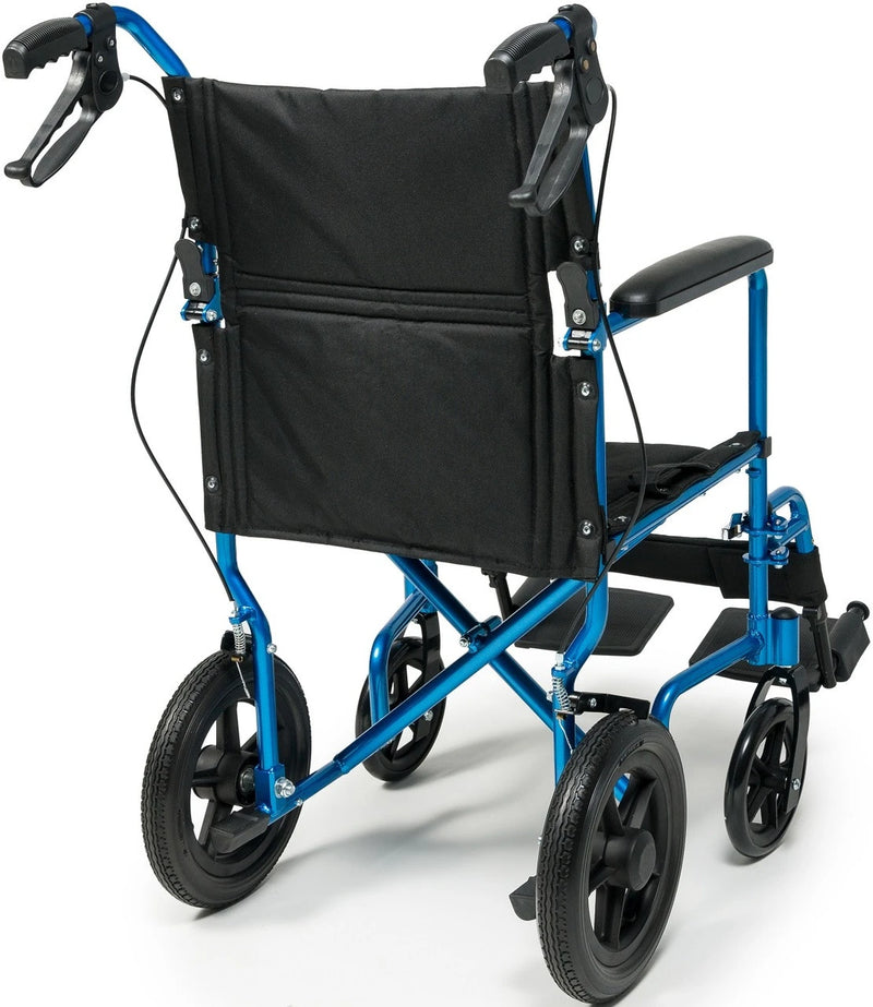 A blue and black portable wheelchair shown from a three-quarter rear angle on a white studio background.