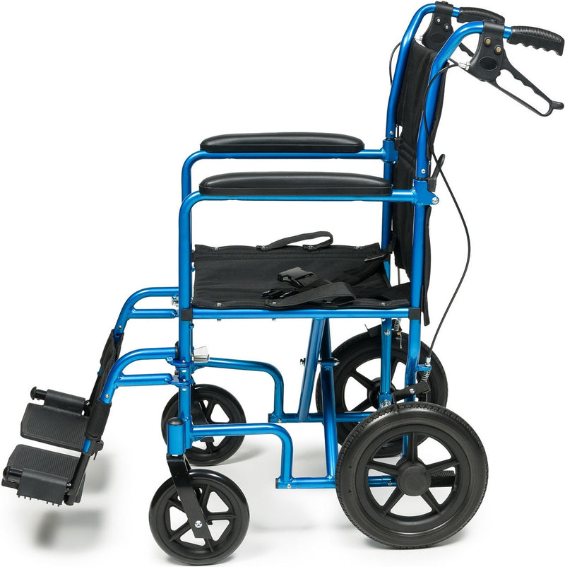 A blue and black folding wheelchair shown from a three-quarter rear angle on a white background.
