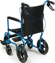A portable folding wheelchair with a bright blue metal frame and black fabric seat, backrest, and wheels, shown on a white background.
