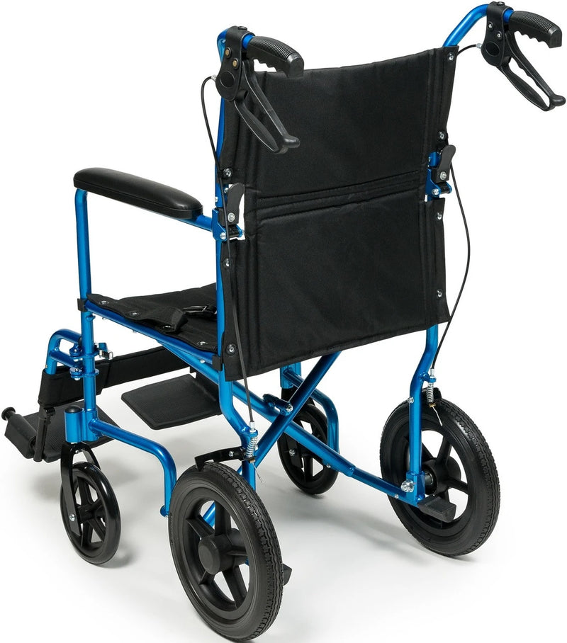 A portable folding wheelchair with a bright blue metal frame and black fabric seat, backrest, and wheels, shown on a white background.
