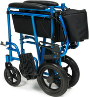 A blue and black folding wheelchair shown on a clean white background, with the seat folded down and a black storage bag attached to the frame.