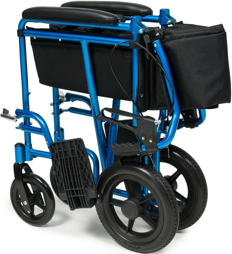 A blue and black folding wheelchair shown on a clean white background, with the seat folded down and a black storage bag attached to the frame.