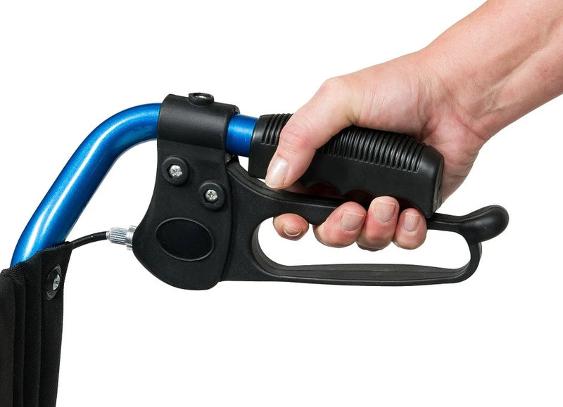 A close-up of a person's hand gripping the ergonomic black handle of a rolling walker with a blue metal frame, isolated on a white background.