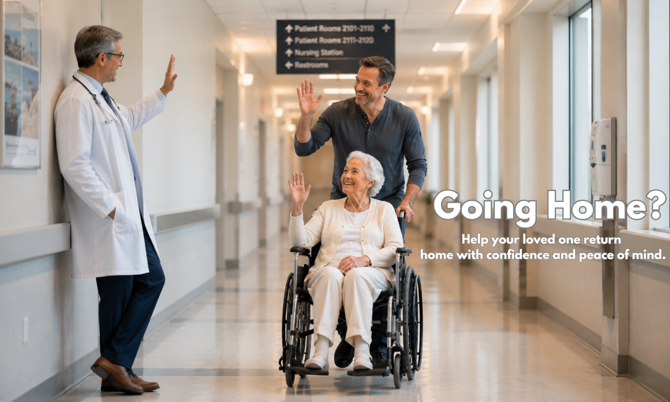 Doctor and patient in a hospital corridor with a woman in a wheelchair, promoting returning home with confidence.