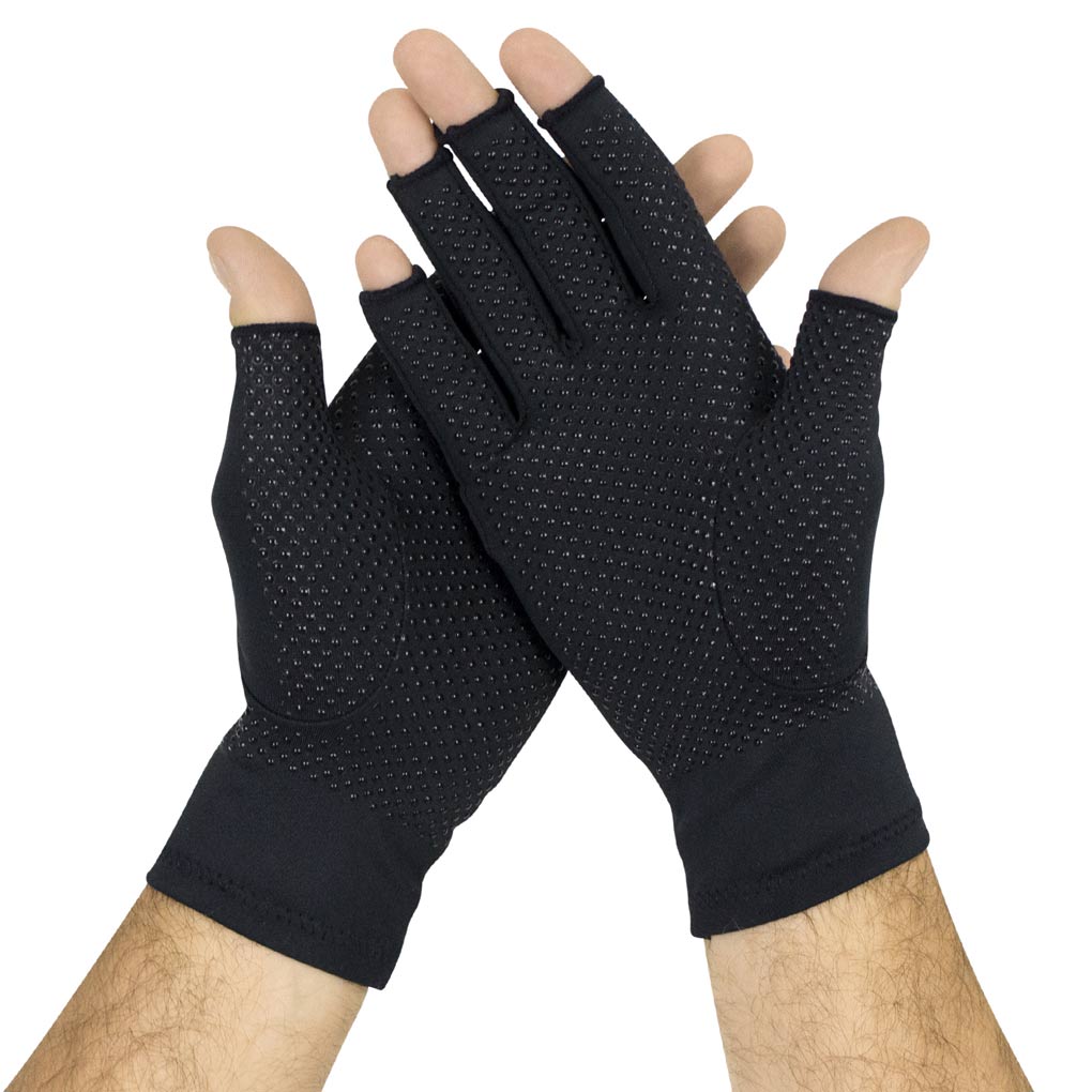 Black gloves with half-finger design on a white background