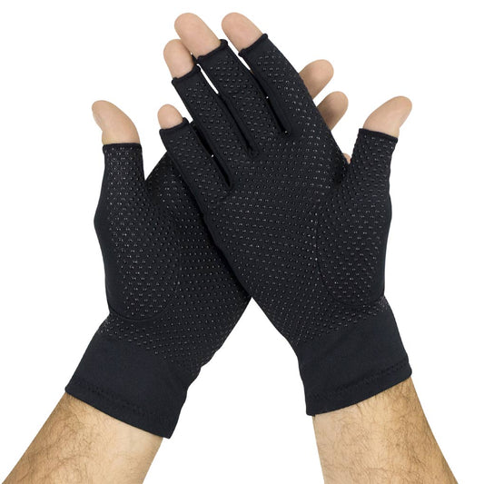 Black gloves with half-finger design on a white background
