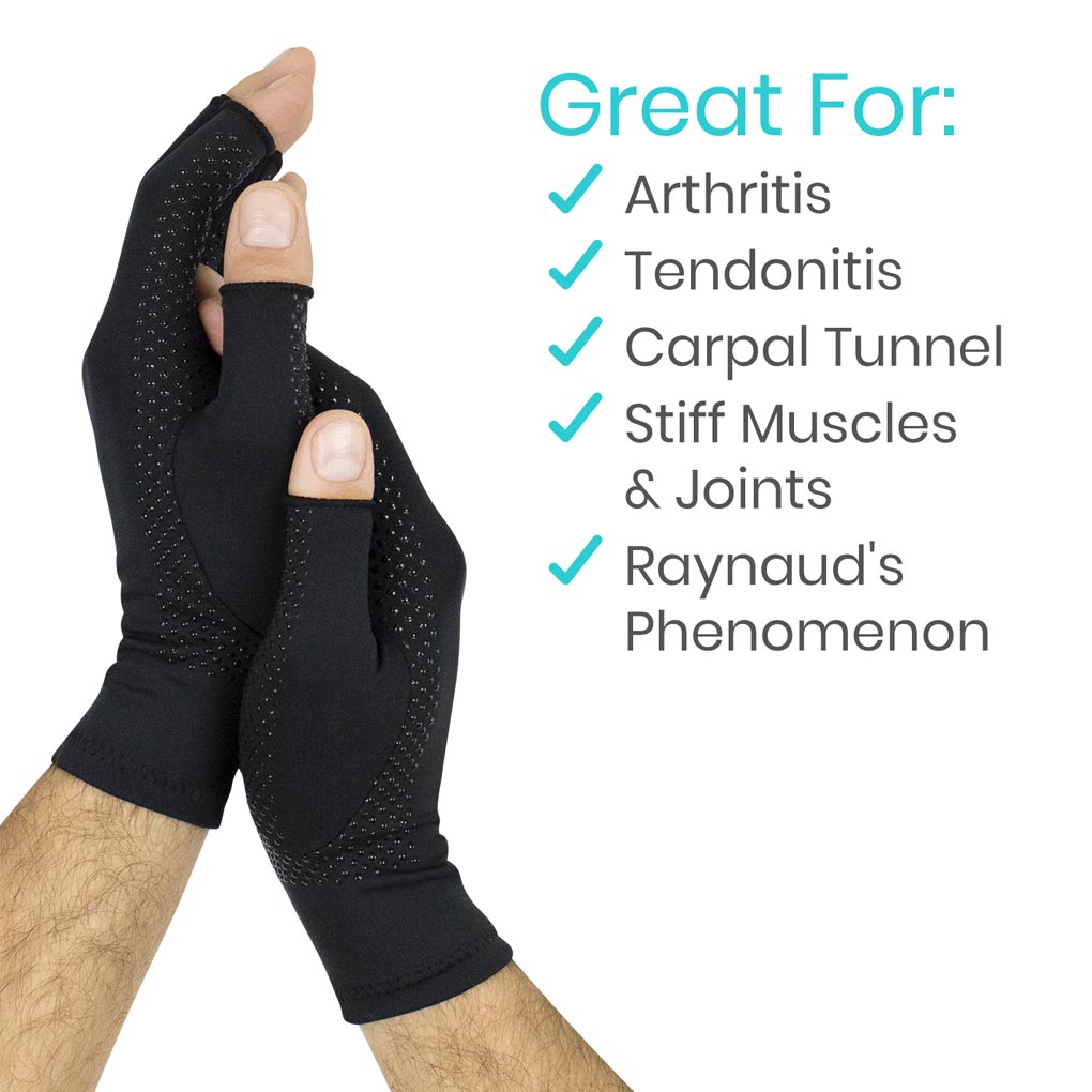 Black compression glove on a hand with text listing conditions it's great for.