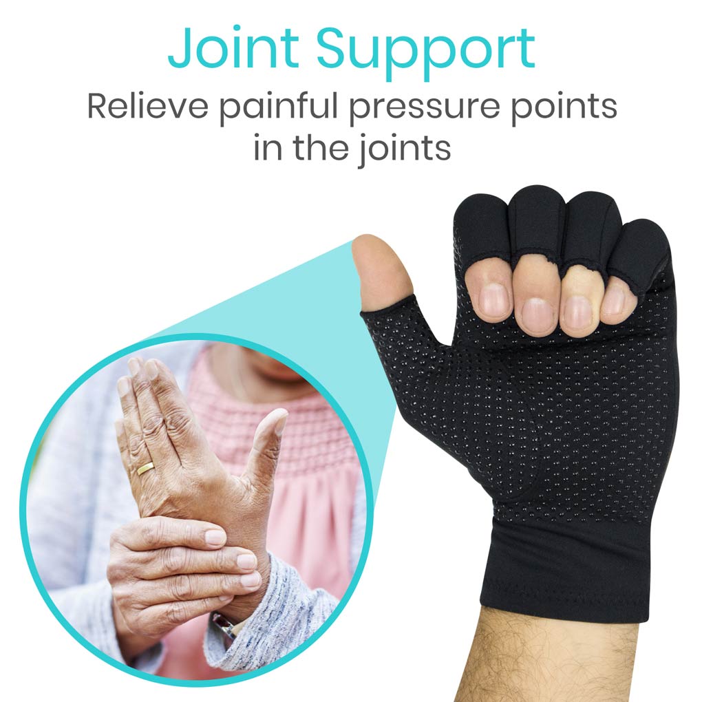 Black glove with text 'Joint Support' and 'Relieve painful pressure points in the joints'.