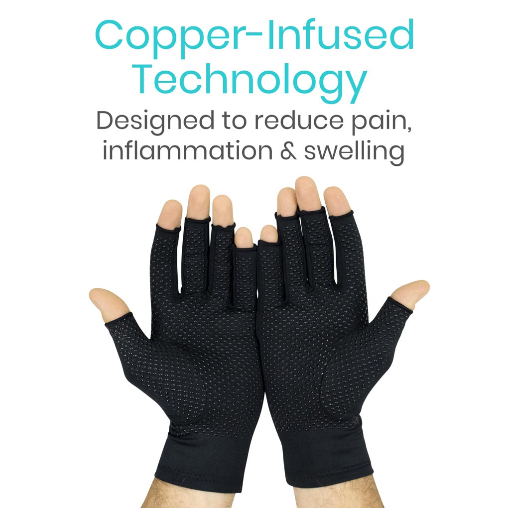 Black copper-infused gloves on a white background with text about pain reduction.