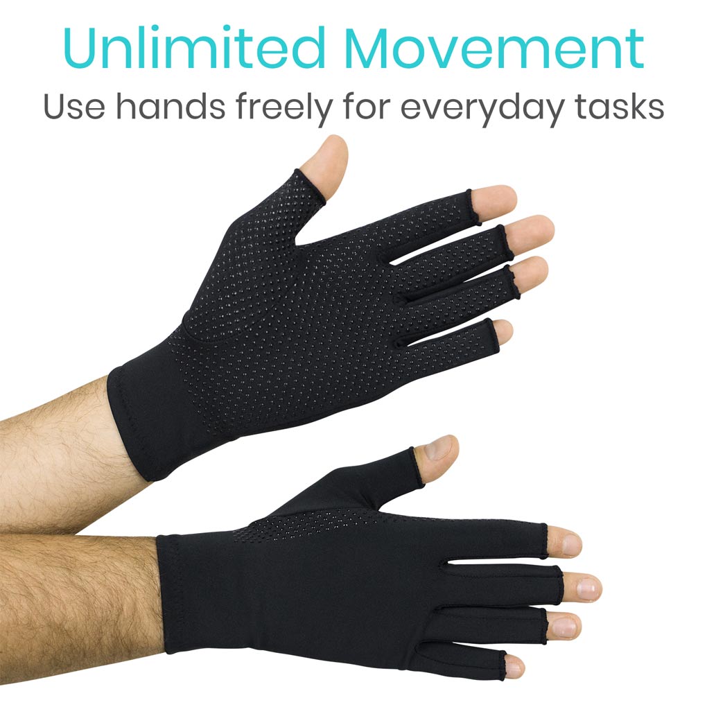 Black gloves with fingerless design on a white background, promoting 'Unlimited Movement'.