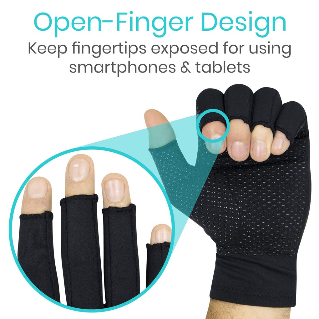 Black open-finger design glove with text explaining its use for smartphones and tablets.