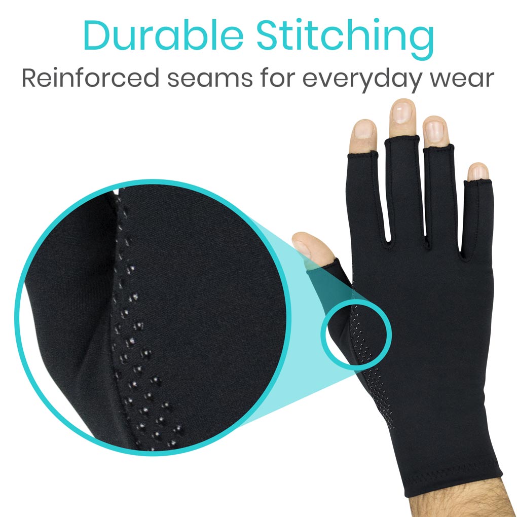 Black glove with reinforced seams and text about durable stitching on a white background