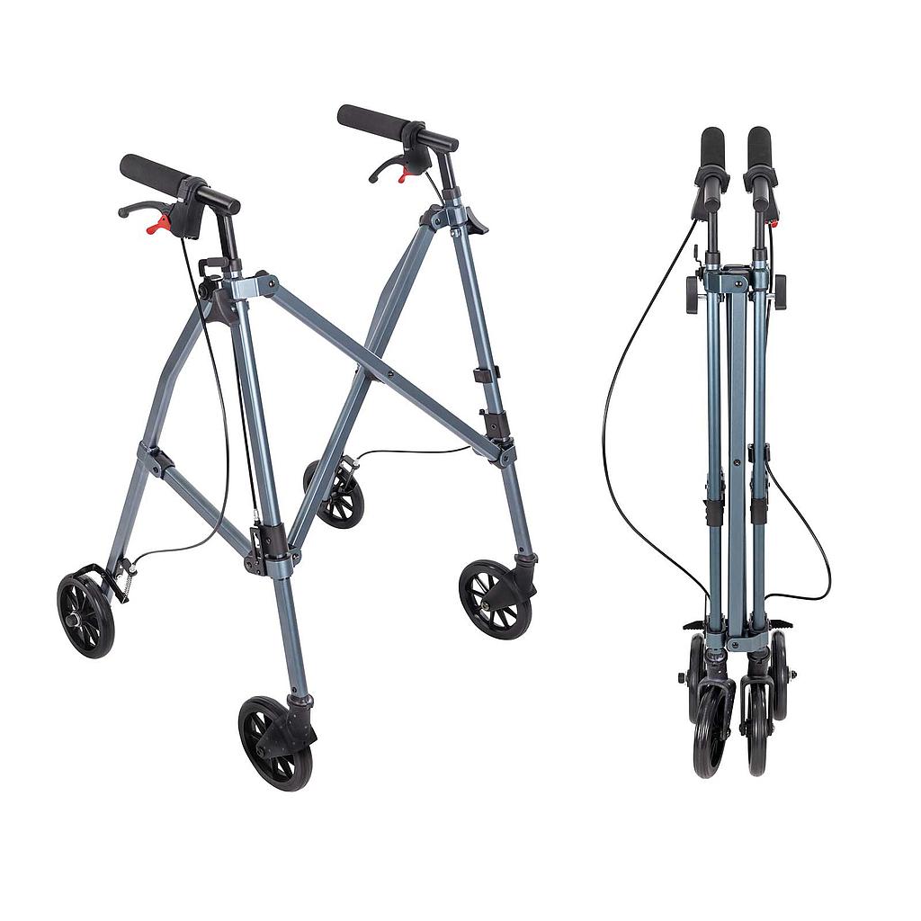 Two views of a gray walker with wheels on a white background