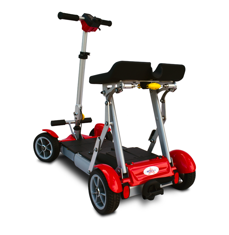 Red and black scooter with a seat on a white background