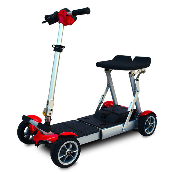 Four-wheeled scooter with a seat on a white background
