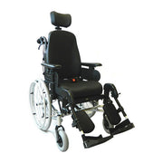 Black wheelchair with adjustable features on a white background