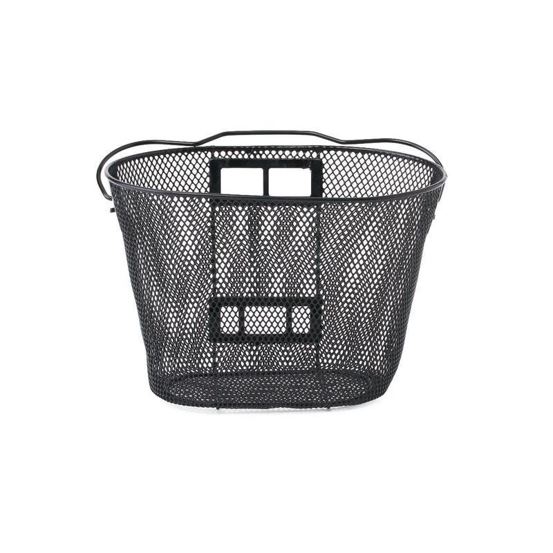 Black wire basket on a white background