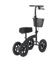Black knee scooter with a basket on a white background