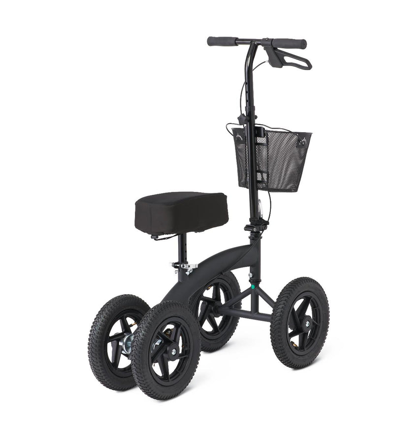 Black knee scooter with a basket on a white background
