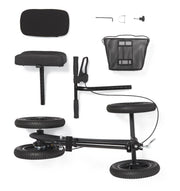 Black scooter with various attachments on a white background