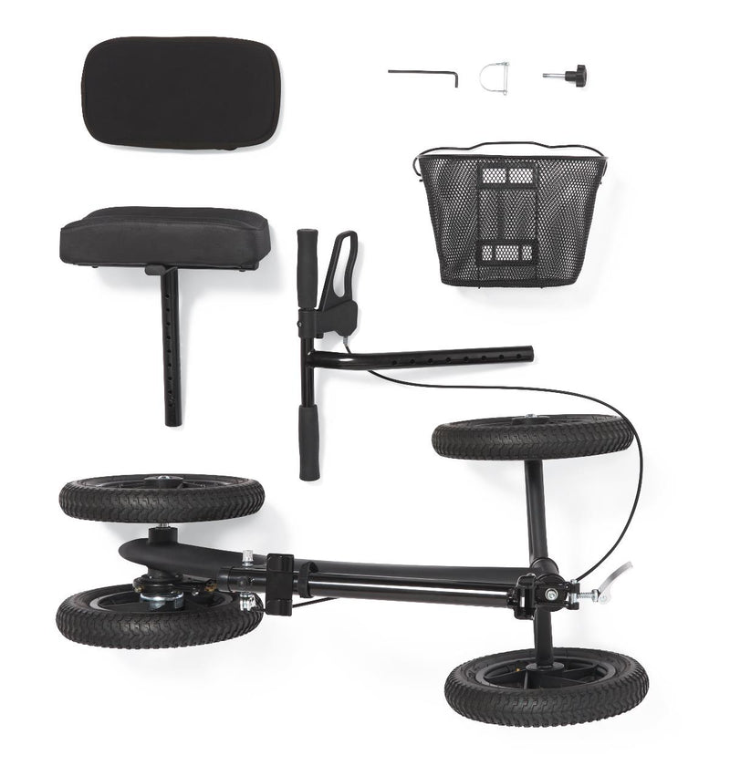 Black scooter with various attachments on a white background