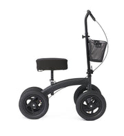 Black knee walker with a seat and basket on a white background
