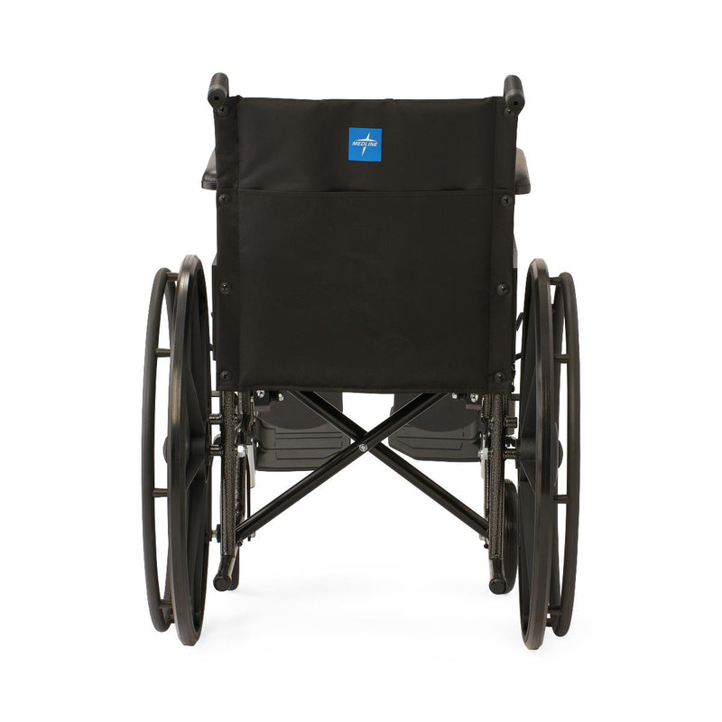 Rear view of a black manual wheelchair with a black fabric backrest and a small blue logo patch on the backrest, photographed on a clean white background.