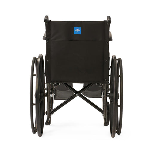 Rear view of a black manual wheelchair with a black fabric backrest and a small blue logo patch on the backrest, photographed on a clean white background.