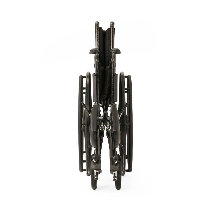 A folded black manual wheelchair shown from the rear against a plain white background.