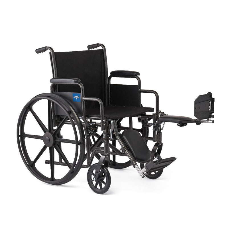 Black wheelchair with extended footrests on a white background