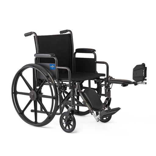 Black wheelchair with extended footrests on a white background