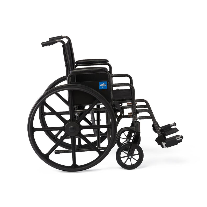 Black wheelchair with blue logo on a white background
