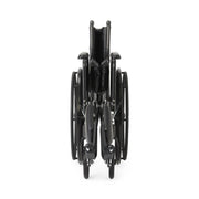 A black manual wheelchair shown folded vertically from the rear view, isolated on a solid white background.