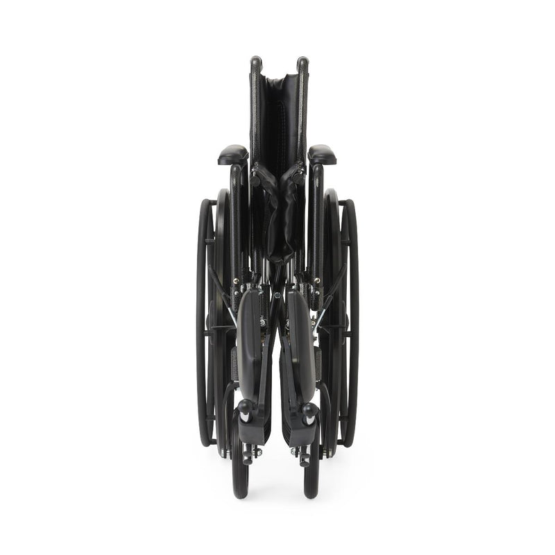 A black manual wheelchair shown folded vertically from the rear view, isolated on a solid white background.