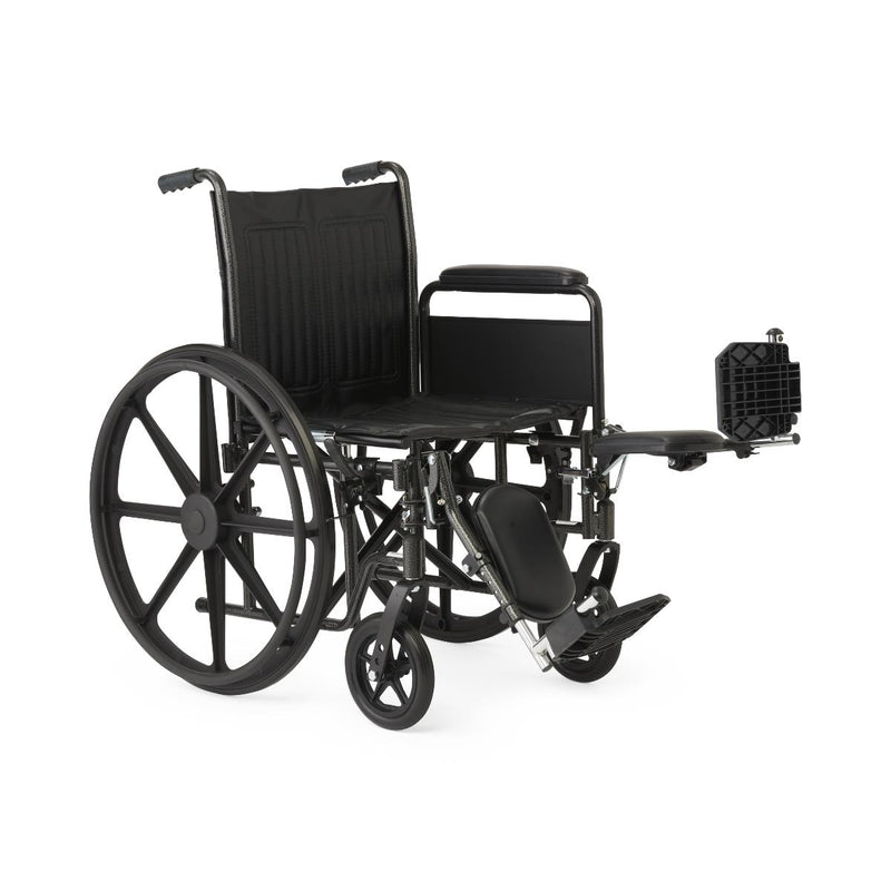 A black manual wheelchair with a footrest extended, photographed from a three-quarters angle against a solid white background.