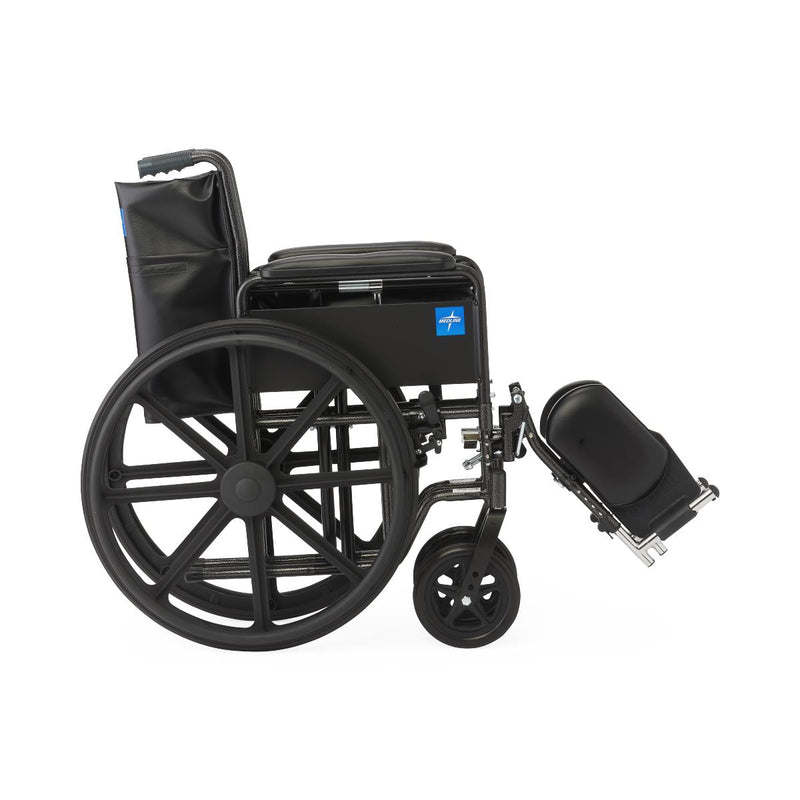A black manual wheelchair with a folded footrest, shown from a side profile view against a solid white background.