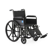 A black manual wheelchair with a padded seat and backrest, large spoked rear wheels, small front casters, and extended footrests, photographed on a clean white background.