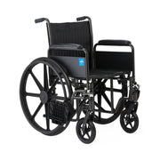 Black wheelchair with a blue logo on a white background
