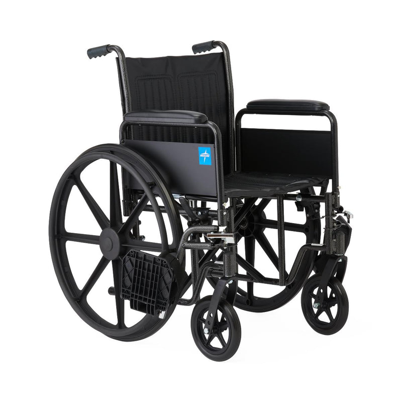 Black wheelchair with a blue logo on a white background