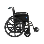 Black wheelchair with a blue logo on a white background