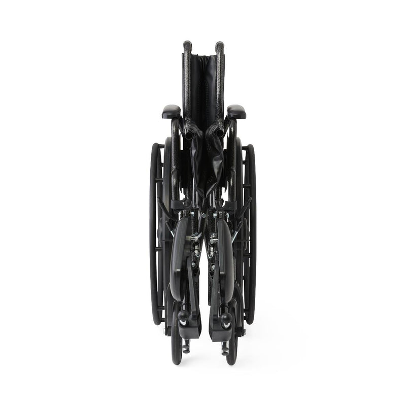 Two black manual wheelchairs stacked vertically, viewed from the rear against a solid white background.