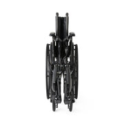 Two black manual wheelchairs stacked vertically, viewed from the rear against a solid white background.