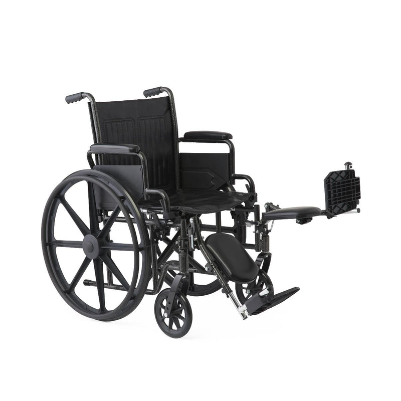 Black wheelchair with attached footrest on a white background