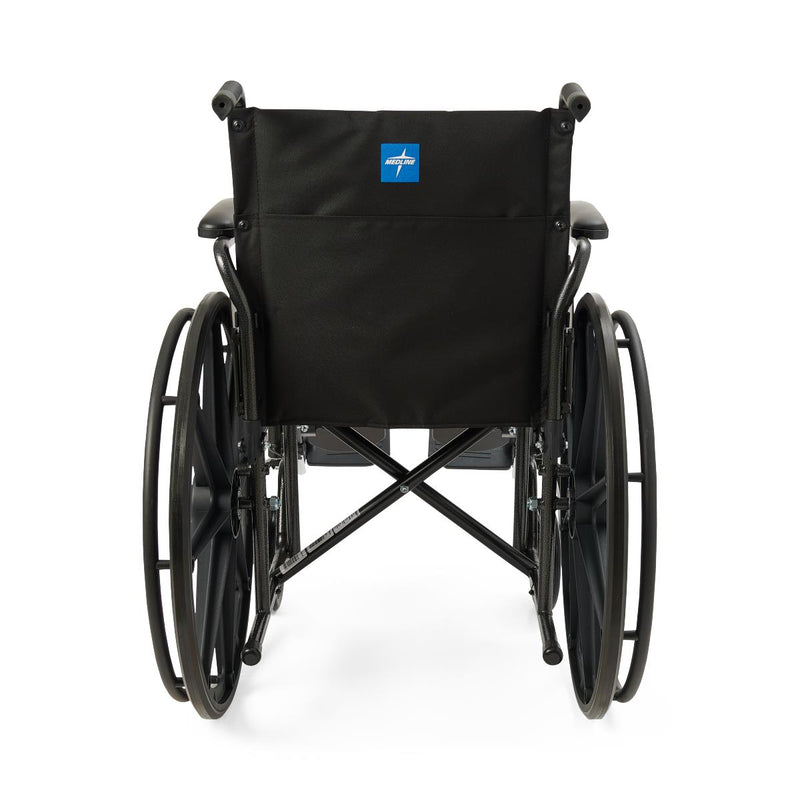 Black wheelchair with a blue logo on a white background