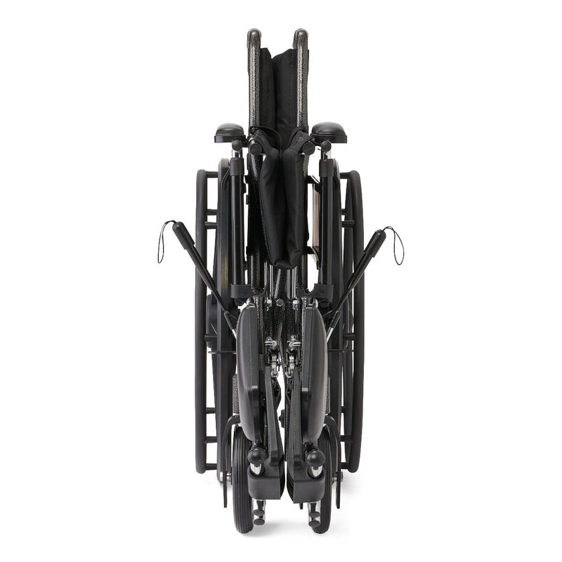 Folded black wheelchair on a white background