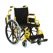 Wheelchair with yellow frame and black seat on a white background