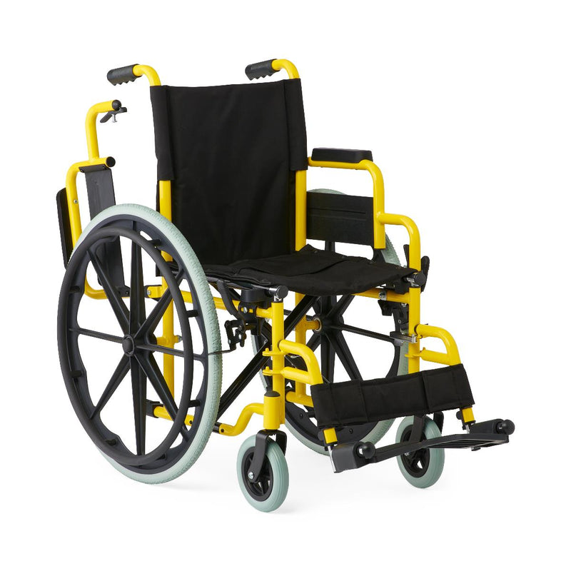 Wheelchair with yellow frame and black seat on a white background