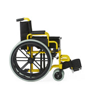 Wheelchair with yellow frame and black seat on a white background